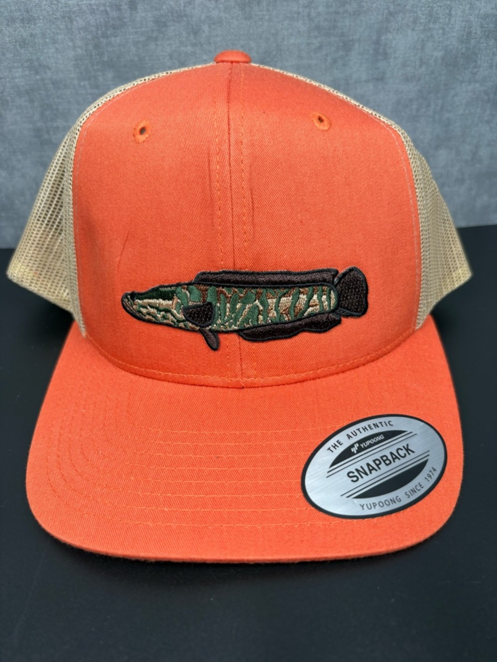 Yupoong Snapback Trucker Hat Orange Mesh Fish Patch NWT The Classics